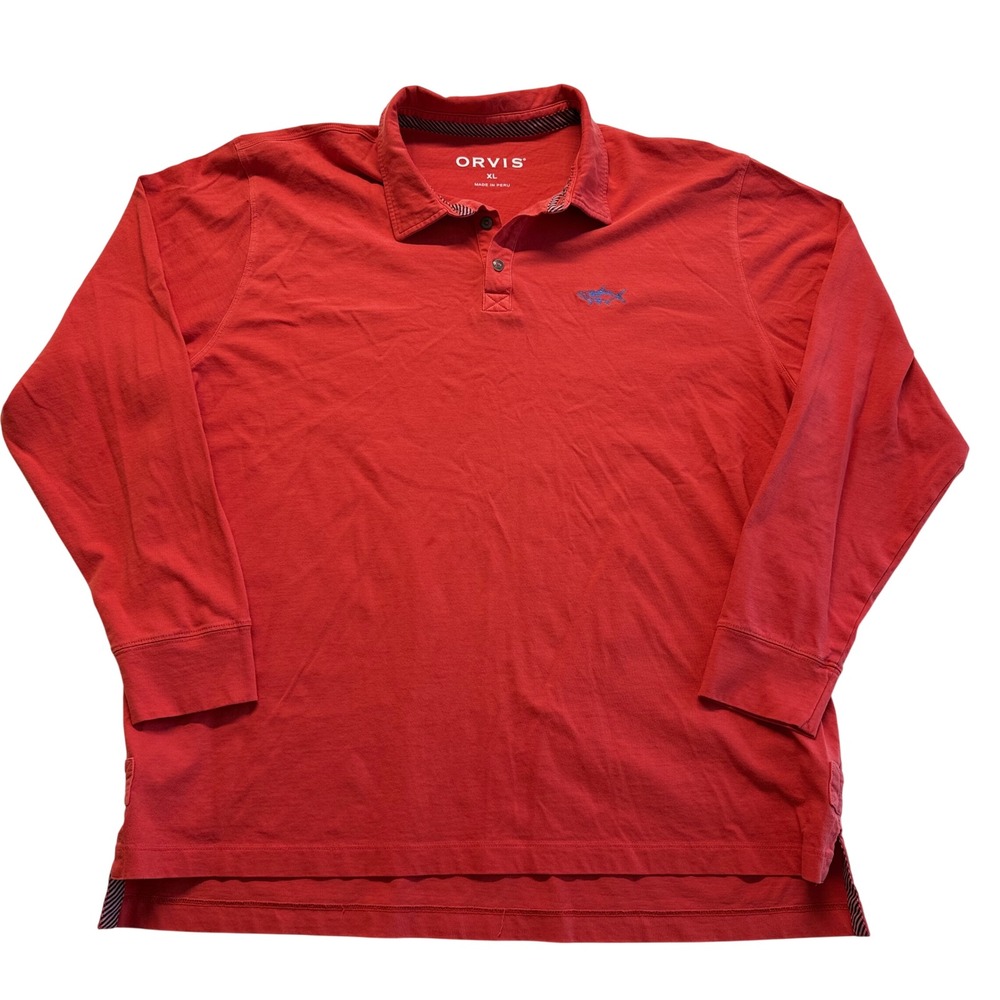 Orvis Polo Shirt Mens XL Red Good Long Sleeve Embroidered Fish Cotton 3AM1